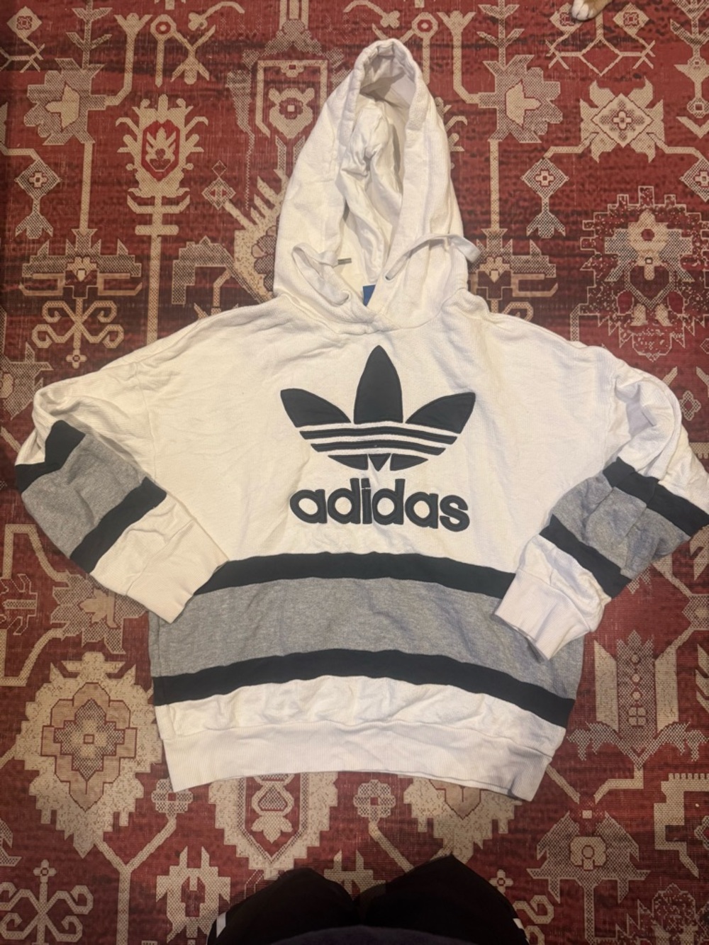 Vintage adidas White Hoodie with Black & Gray Stripes
